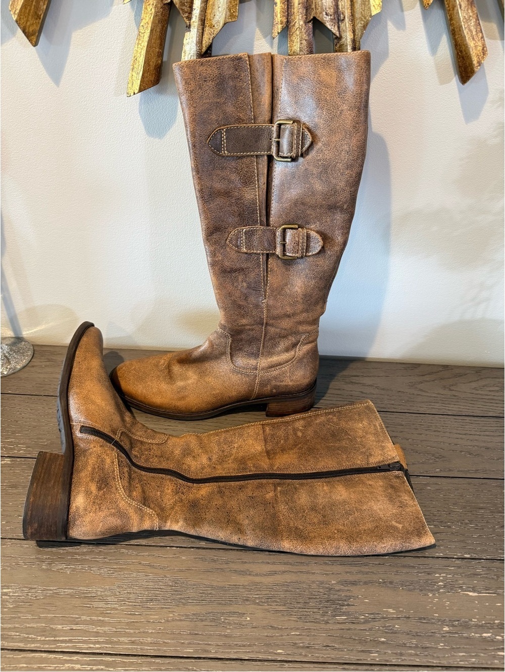 Ecco Distressed Brown Leather Knee Boots with Buckle Straps - Picture 2 of 7